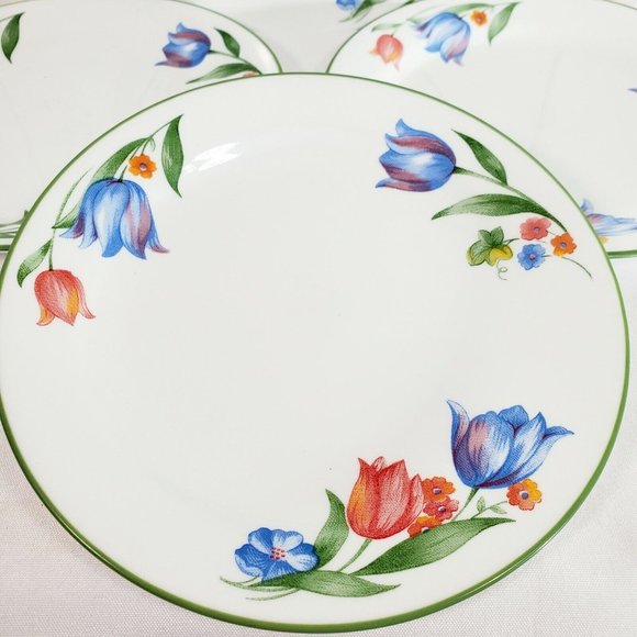 4 Corelle Fresh Cut 7.25" Bread Salad Dessert Plates Tulips green edge trim - Picture 3 of 7